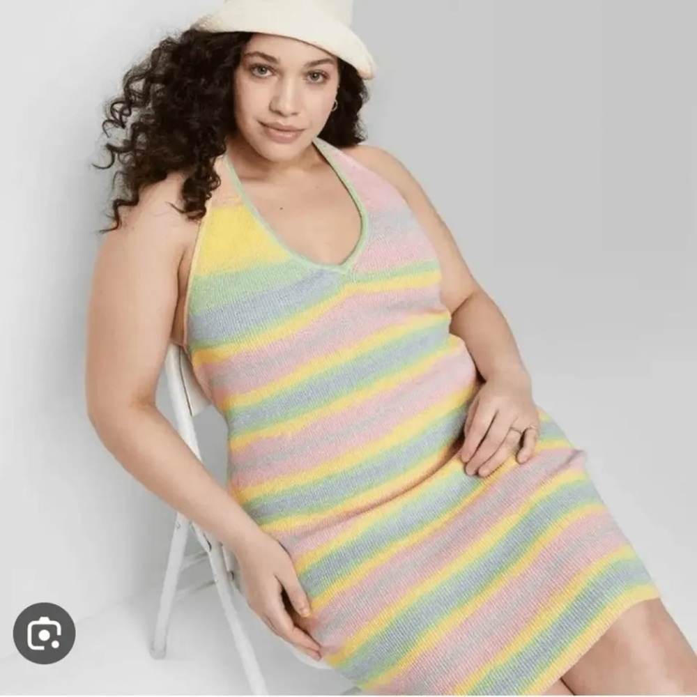 WILD FABLE Pastel Rainbow Stripe Halter Tank Crochet Sweater Dress Plus 2X